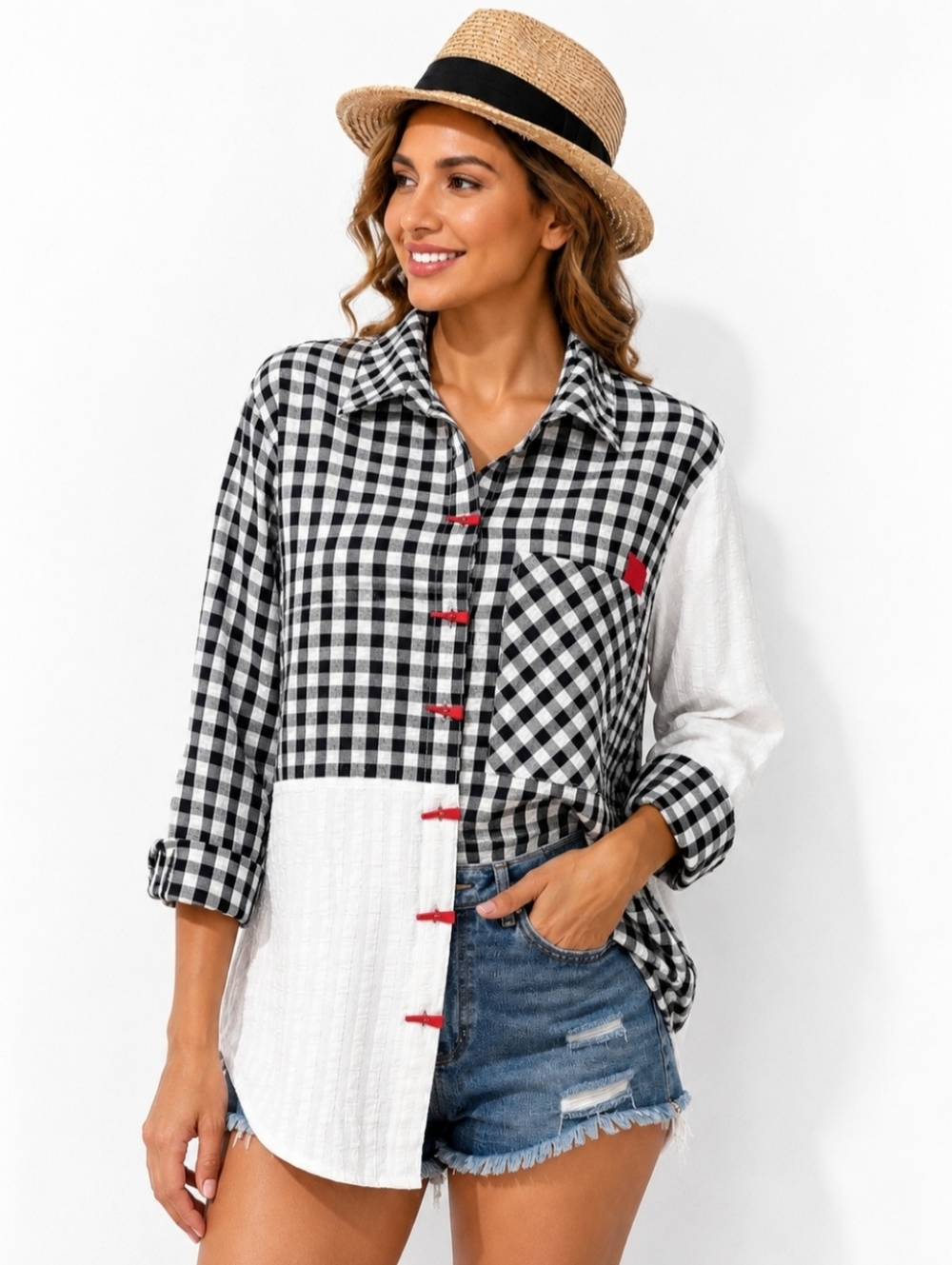 Ali Miles Large Black White Gingham Patchwork Tunic Shirt Artsy Button Top Fun - Picture 15 of 15